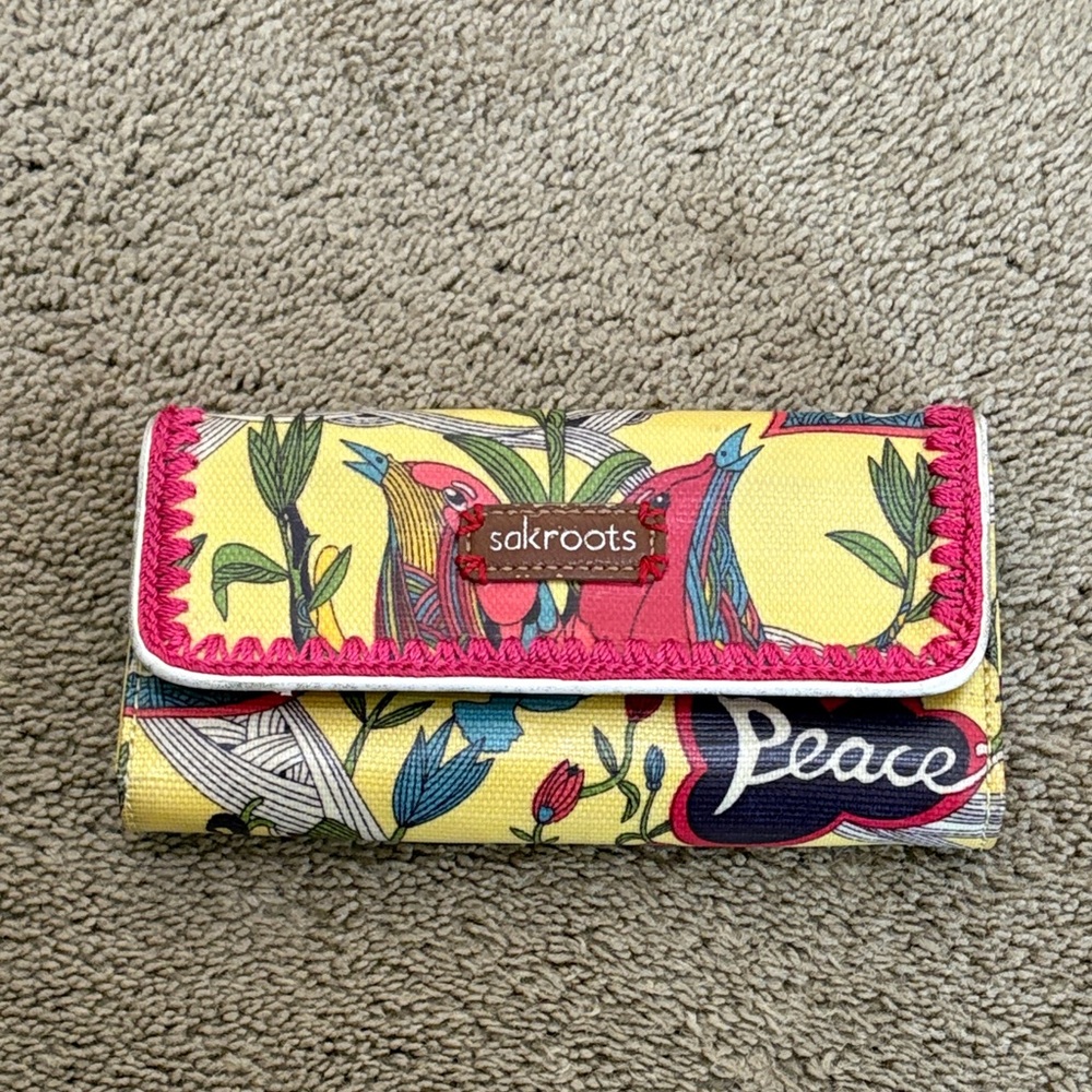 Sakroots Yellow Floral 'Peace' Trifold Wallet with Pink Trim